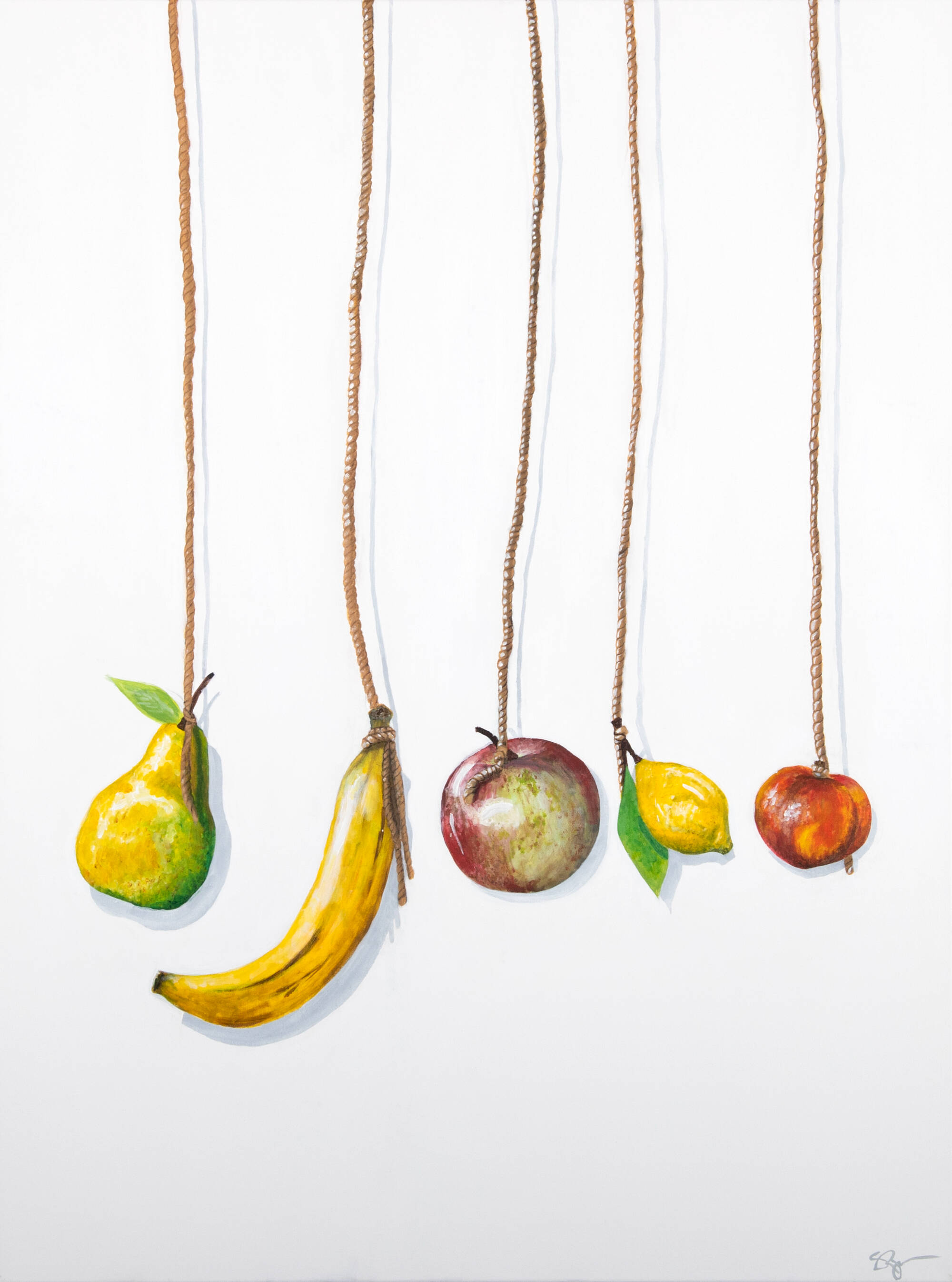Painting of a pear, banana, apple, lemon, and peach being hung by rope.